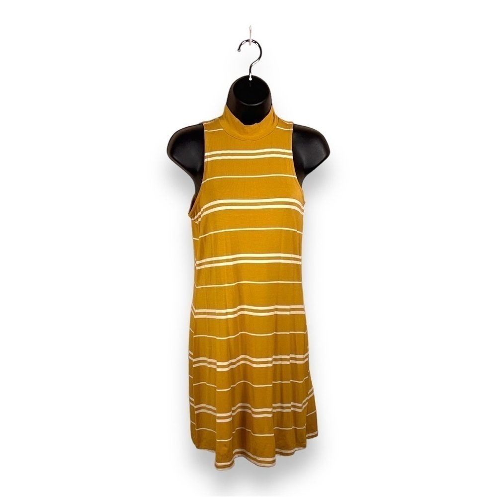 XS NWT AERO MUSTARD YELLOW WHITE STRIPED MOCK NECK DRESS SLEEVELESS STRETCH